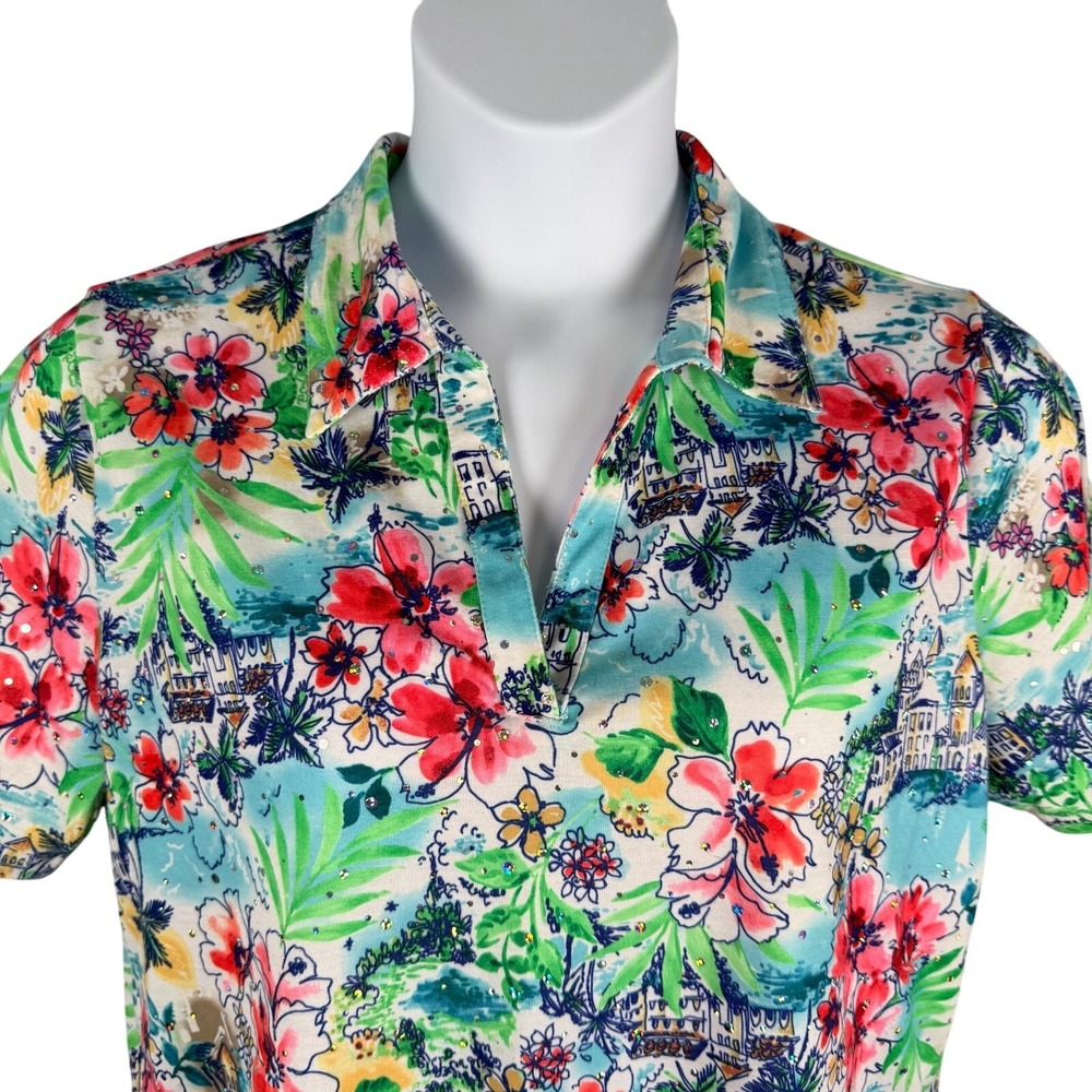 Cathy Daniels Top Womens Large Hawaiian Townscape Sequin Collared Short Sleeve